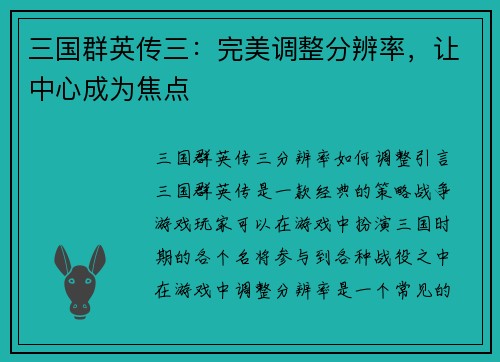 三国群英传三：完美调整分辨率，让中心成为焦点